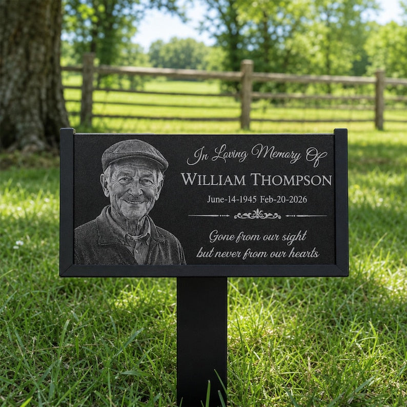 Personalized Photo Memorial Stone, Custom Granite Grave Marker With Stand