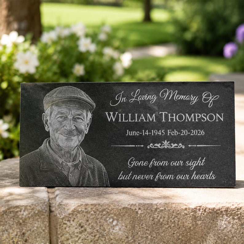 Personalized Photo Memorial Stone, Custom Granite Grave Marker With Stand