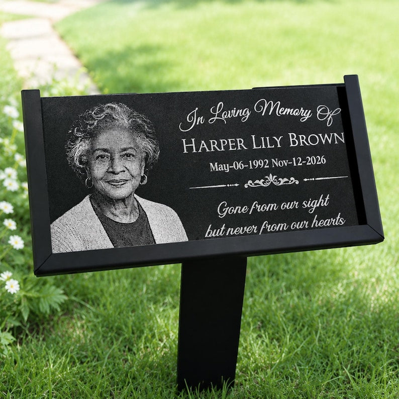 Personalized Photo Memorial Stone, Custom Granite Grave Marker With Stand