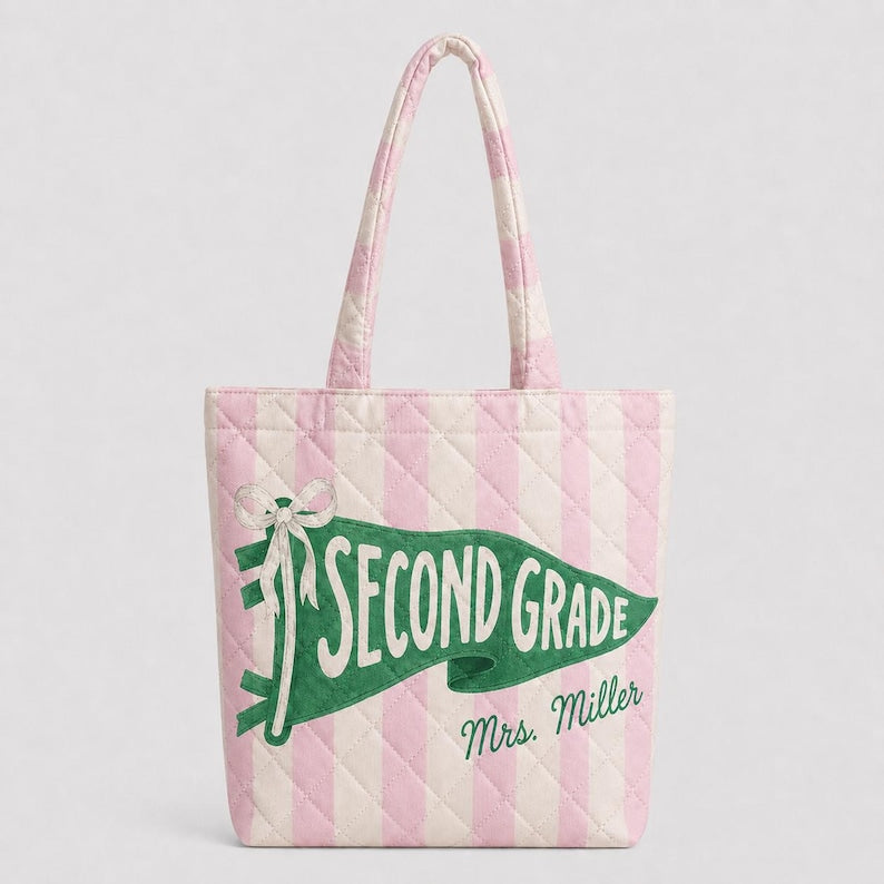 Personalized Teacher Tote Bag, Custom Grade Name Quilted Bag, Pink Striped Pennant Tote, Teacher Appreciation Gift