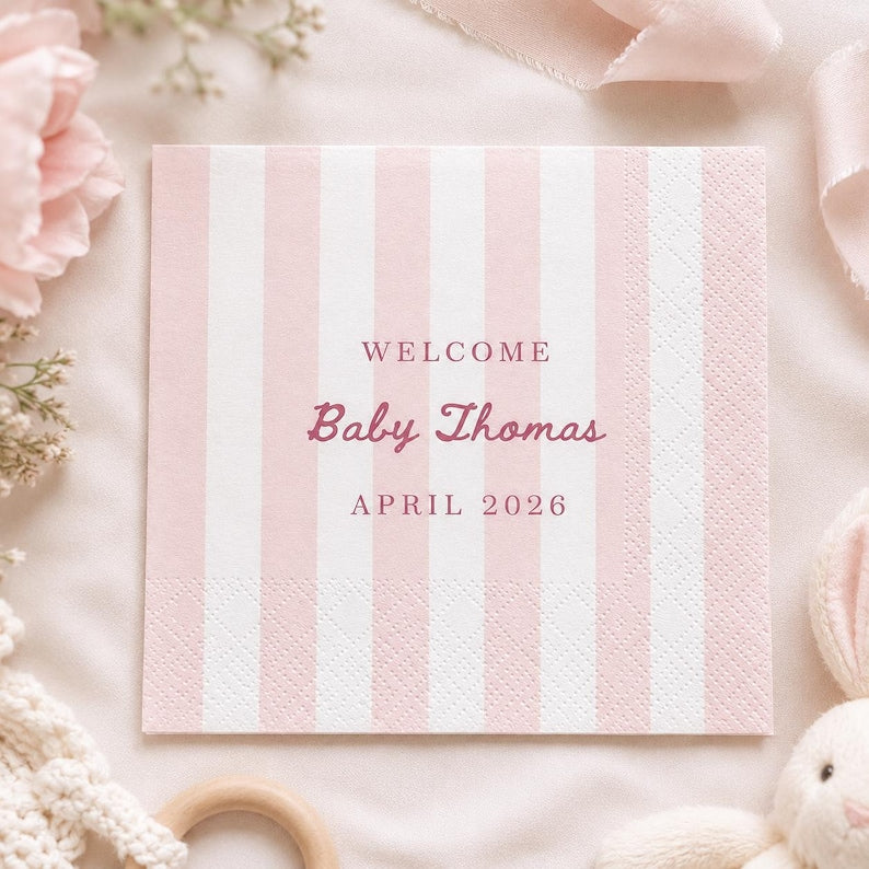 Personalized Baby Shower Napkins Custom Striped Cocktail Beverage Party Decor Boy Girl Celebration Favors