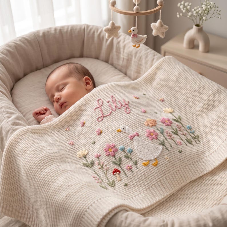 Personalized Embroidered Goose Baby Blanket with Name, Custom Floral Knit Newborn Gift for Newborn, Gift for Baby