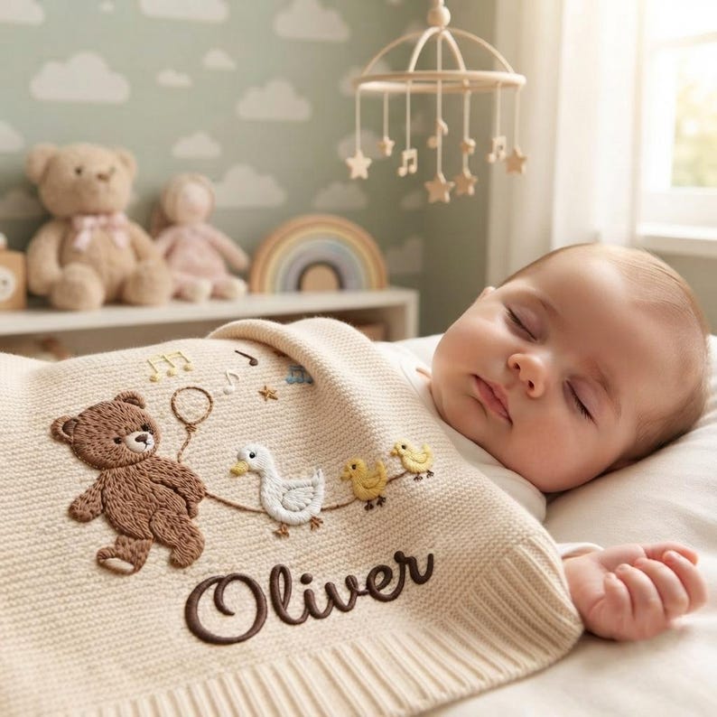 Personalized Teddy Bear Baby Blanket, Embroidered Name Blanket, Duck Baby Gift, Custom Newborn Gift