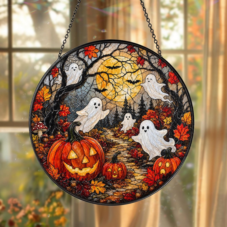 Halloween Ghost Pumpkin Stained Glass Suncatcher, Spooky Window Hanging, Autumn Fall Decor, Cute Ghost Sun Catcher