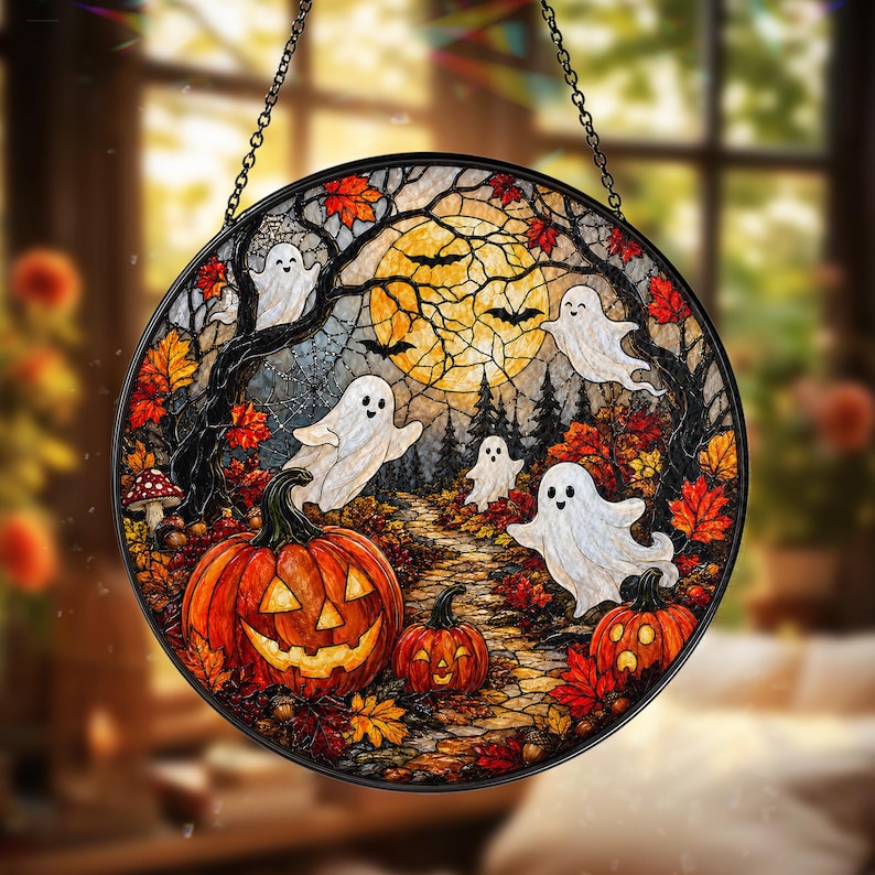 Halloween Ghost Pumpkin Stained Glass Suncatcher, Spooky Window Hanging, Autumn Fall Decor, Cute Ghost Sun Catcher