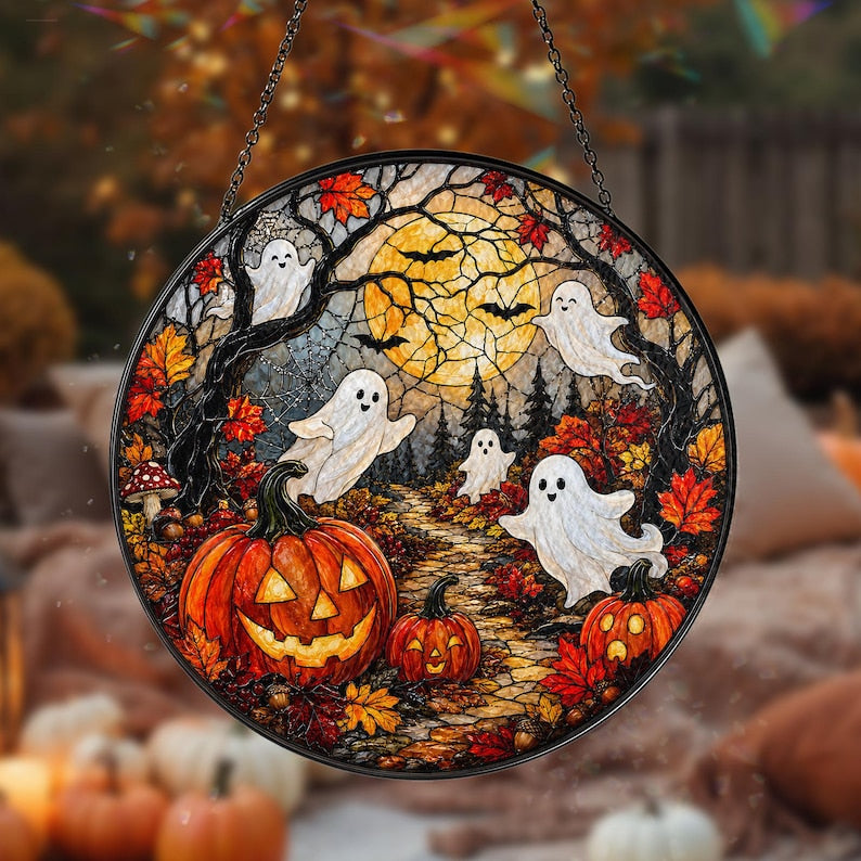 Halloween Ghost Pumpkin Stained Glass Suncatcher, Spooky Window Hanging, Autumn Fall Decor, Cute Ghost Sun Catcher