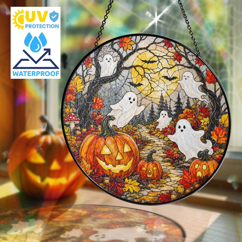 Halloween Ghost Pumpkin Stained Glass Suncatcher, Spooky Window Hanging, Autumn Fall Decor, Cute Ghost Sun Catcher