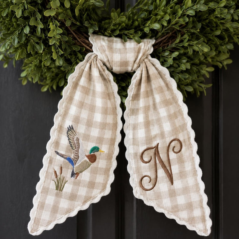 Personalized Duck Wreath Sash, Embroidered Monogram Door Bow, Neutral Gingham Decor