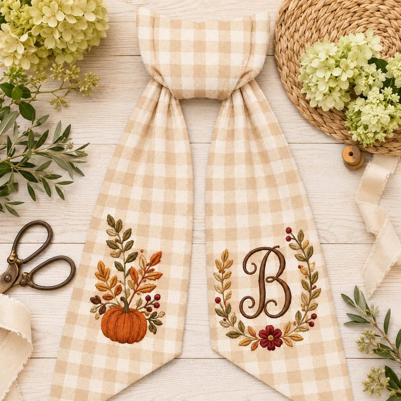 Personalized Fall Wreath Sash, Embroidered Pumpkin Door Bow With Monogram, Autumn Front Door Decor