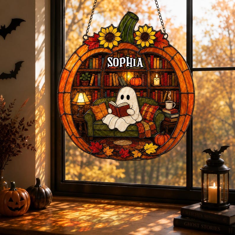 Custom Name Ghost Reading Book Acrylic Suncatcher, Pumpkin Suncatcher, Halloween Window Hanging, Book Lover Gift