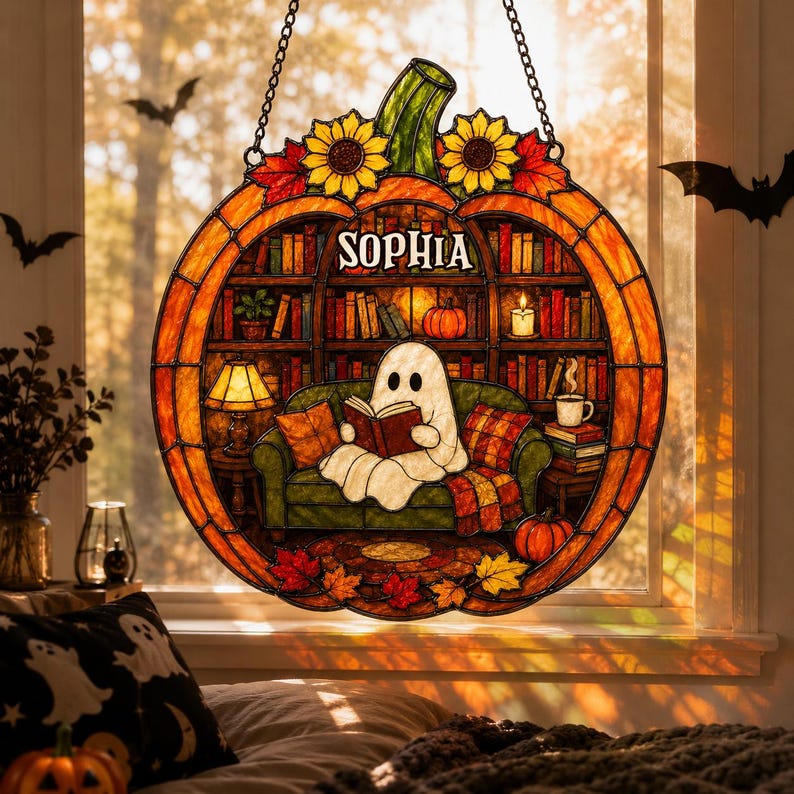 Custom Name Ghost Reading Book Acrylic Suncatcher, Pumpkin Suncatcher, Halloween Window Hanging, Book Lover Gift