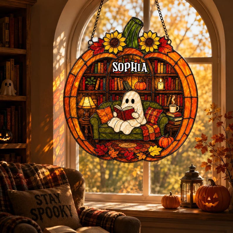 Custom Name Ghost Reading Book Acrylic Suncatcher, Pumpkin Suncatcher, Halloween Window Hanging, Book Lover Gift
