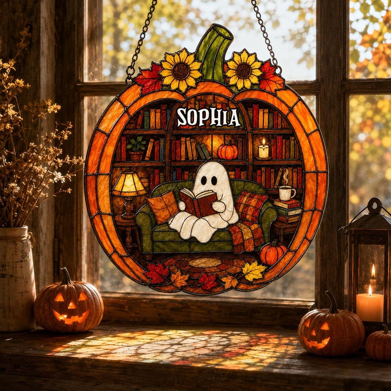 Custom Name Ghost Reading Book Acrylic Suncatcher, Pumpkin Suncatcher, Halloween Window Hanging, Book Lover Gift