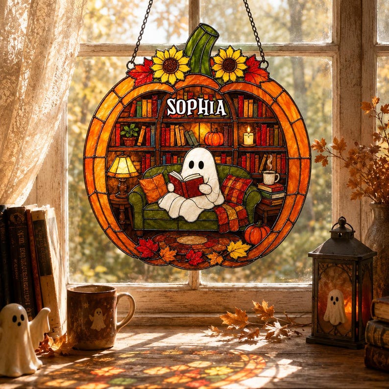 Custom Name Ghost Reading Book Acrylic Suncatcher, Pumpkin Suncatcher, Halloween Window Hanging, Book Lover Gift
