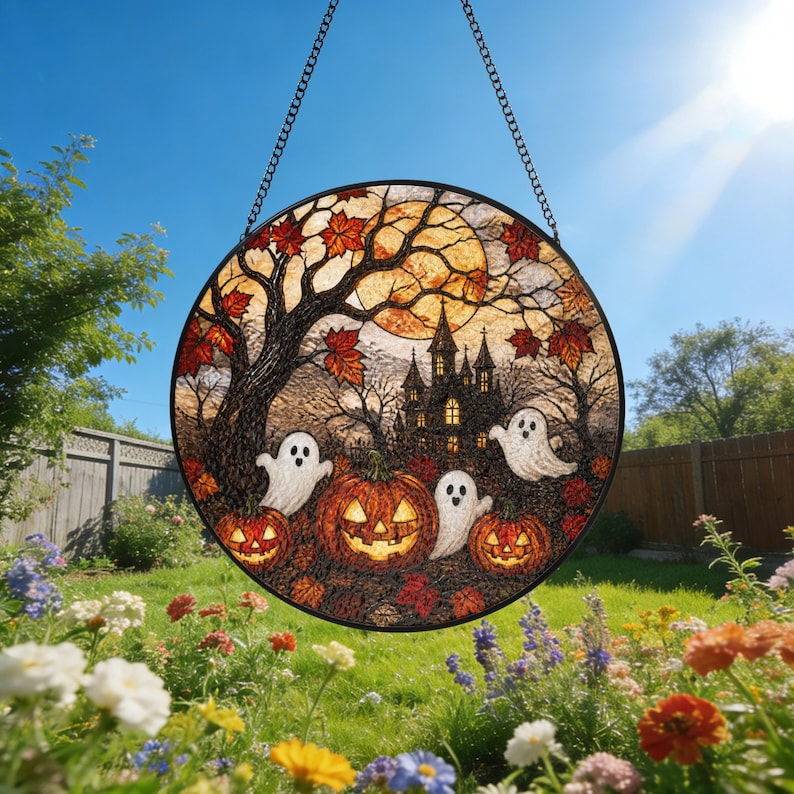 Halloween Ghost Pumpkin Stained Glass Suncatcher Cozy Cottage Halloween Window Hanging Autumn Window Art