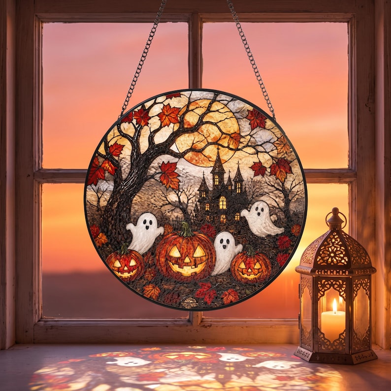 Halloween Ghost Pumpkin Stained Glass Suncatcher Cozy Cottage Halloween Window Hanging Autumn Window Art