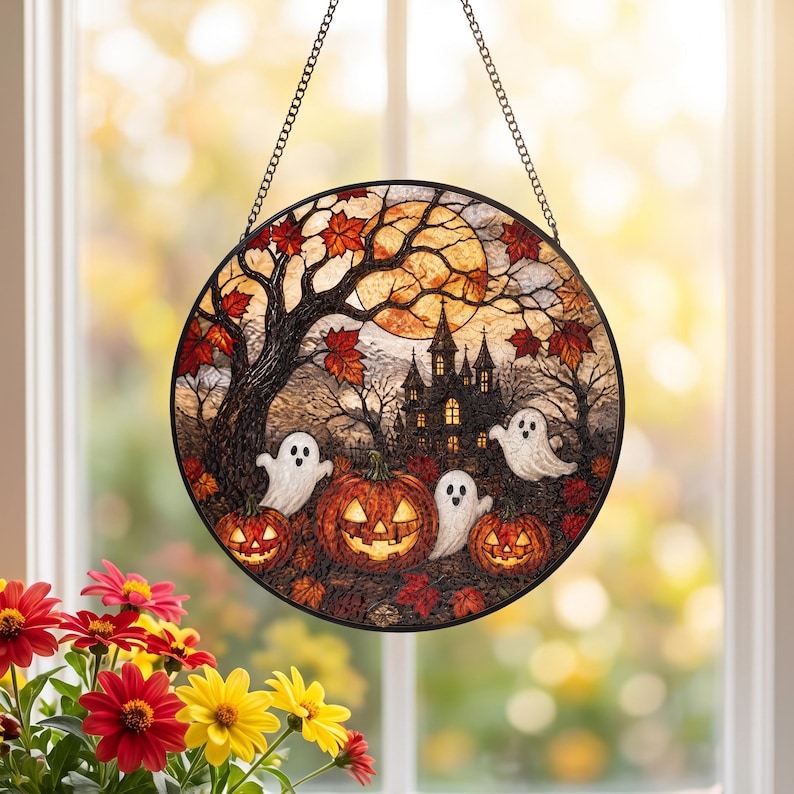 Halloween Ghost Pumpkin Stained Glass Suncatcher Cozy Cottage Halloween Window Hanging Autumn Window Art