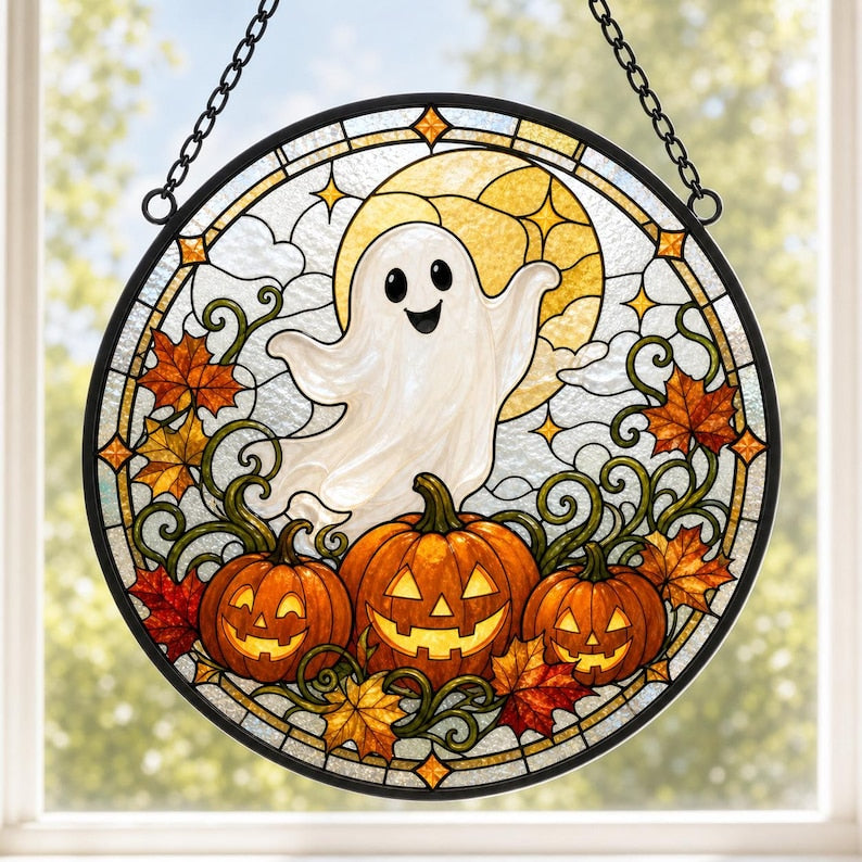 Friendly Ghost Pumpkin Lantern Halloween Ghost Pumpkin Round Stained Glass Suncatcher, Window Hanging Decor