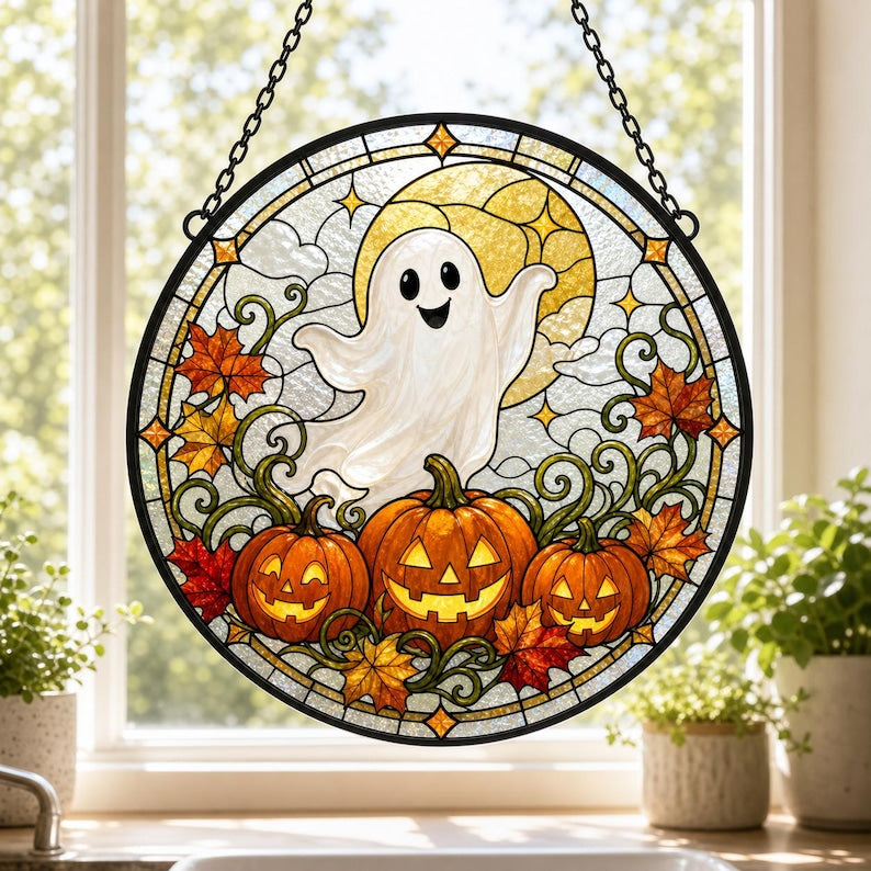 Friendly Ghost Pumpkin Lantern Halloween Ghost Pumpkin Round Stained Glass Suncatcher, Window Hanging Decor