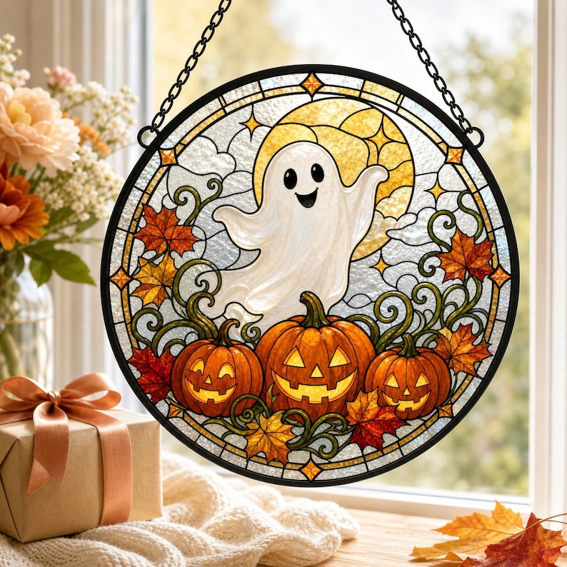Friendly Ghost Pumpkin Lantern Halloween Ghost Pumpkin Round Stained Glass Suncatcher, Window Hanging Decor