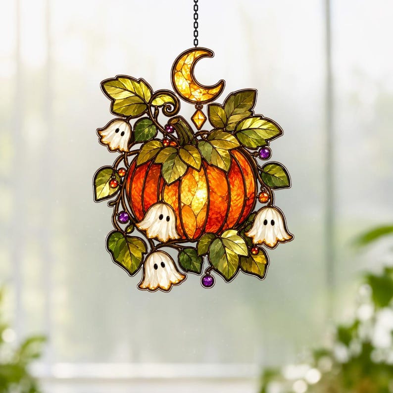 Personalized Halloween Pumpkin & Lily Ghost Faux Stained Glass Suncatcher, Custom Name Acrylic Window Hanging