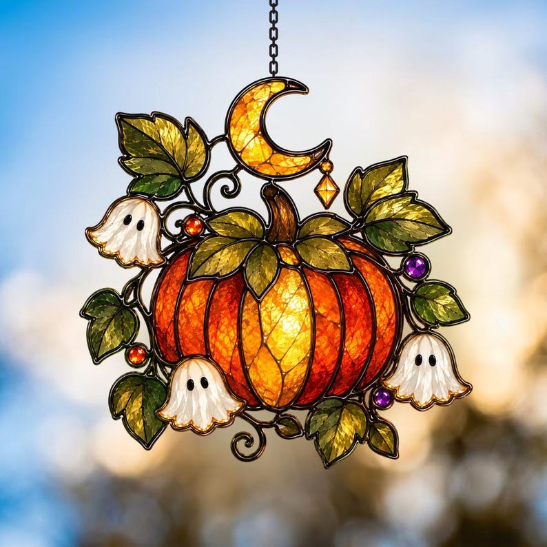 Personalized Halloween Pumpkin & Lily Ghost Faux Stained Glass Suncatcher, Custom Name Acrylic Window Hanging