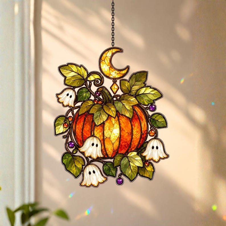 Personalized Halloween Pumpkin & Lily Ghost Faux Stained Glass Suncatcher, Custom Name Acrylic Window Hanging