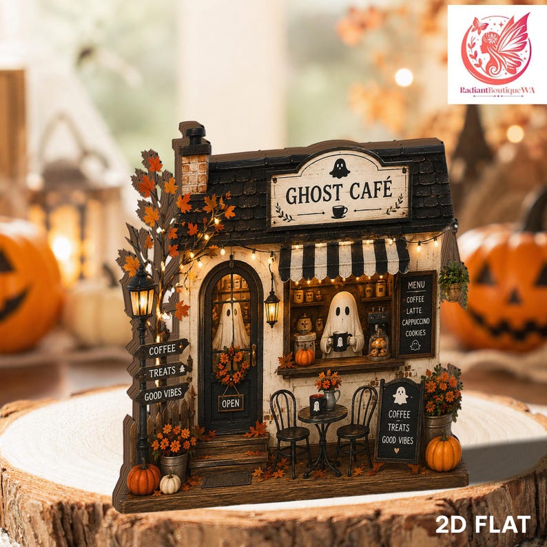 Ghost Cafe Decor, Spooky Coffee House Display, Autumn Shelf Decor