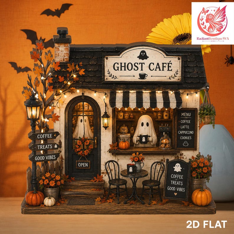 Ghost Cafe Decor, Spooky Coffee House Display, Autumn Shelf Decor