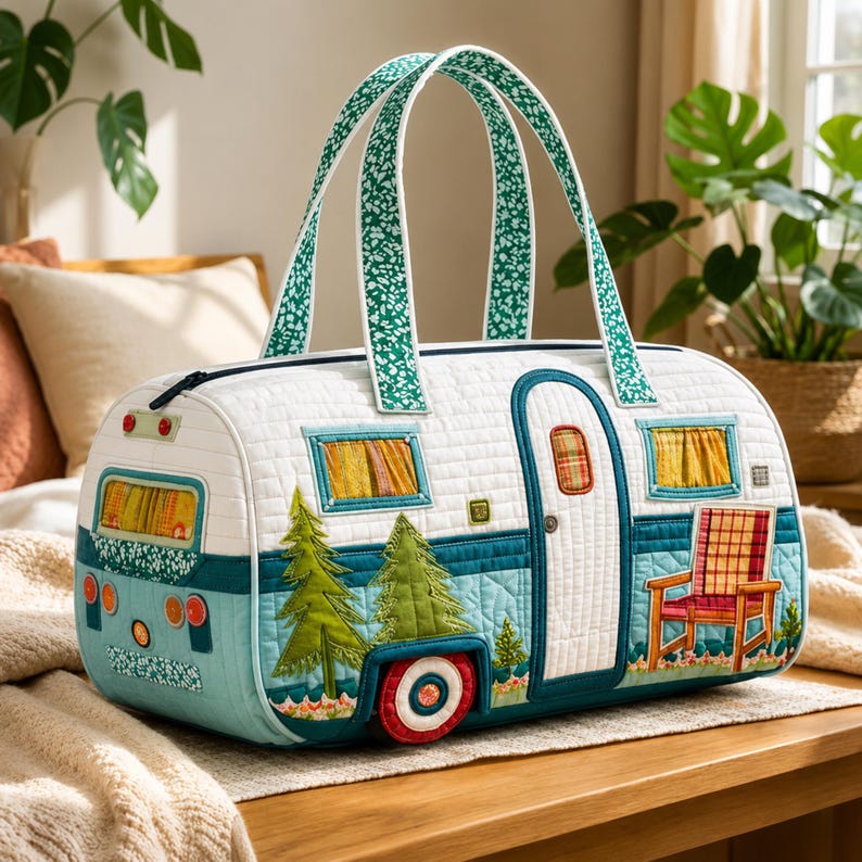 Personalized Quilted Camper Van Weekender Bag, Boho Road Trip Duffel, Forest Camping Travel Carry-On