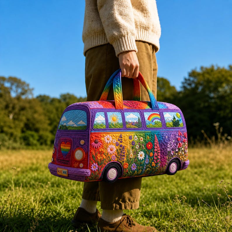Personalized Rainbow Van Weekender Bag, Custom Quilted Travel Duffel, Boho Floral Road Trip Carry On Bag, LGBTQ Pride Gift