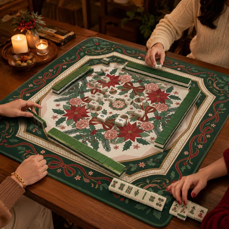 Holiday Mah Jongg Mat, Christmas Poinsettia Mahjong Mat, Winter Mahjong Table Cover, American Mahjong Gift