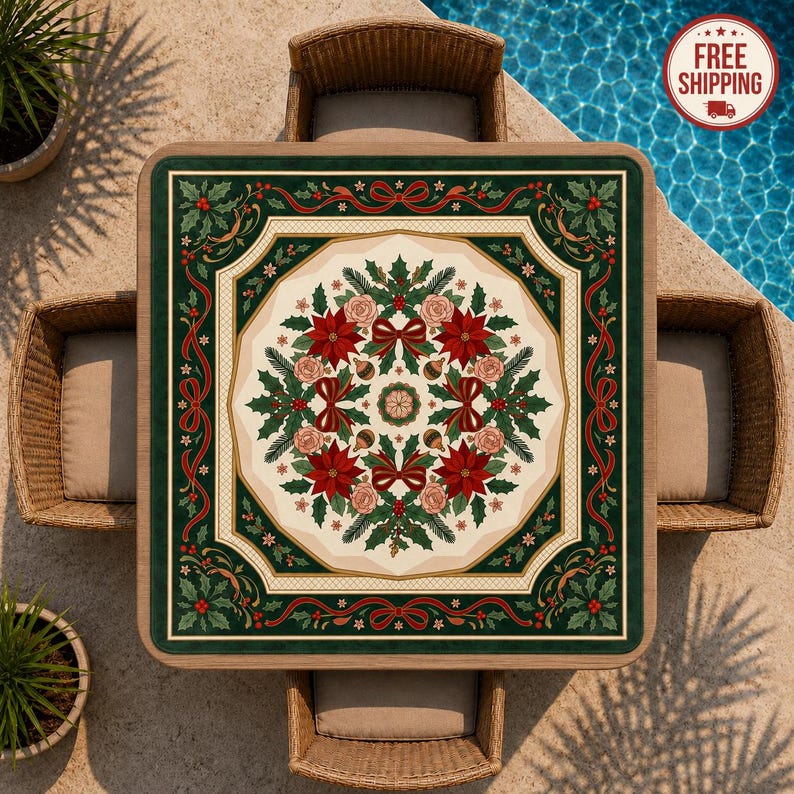 Holiday Mah Jongg Mat, Christmas Poinsettia Mahjong Mat, Winter Mahjong Table Cover, American Mahjong Gift