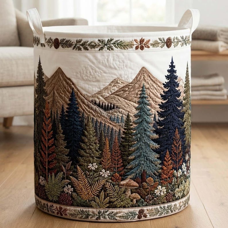 Forest Charm Quilted Laundry Basket, Mountain Tree Storage Bin, Woodland Fabric Hamper