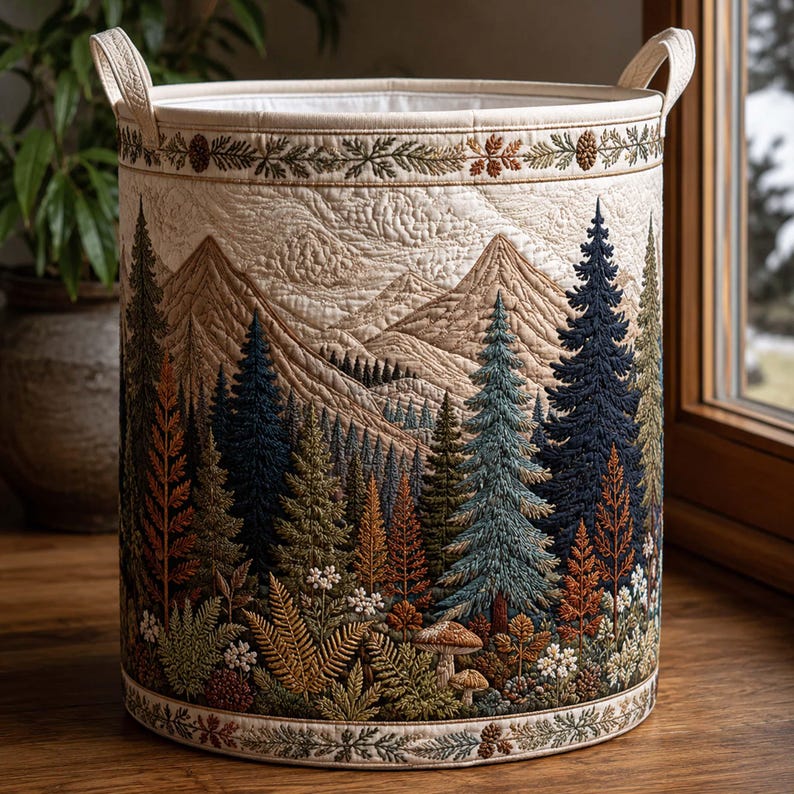 Forest Charm Quilted Laundry Basket, Mountain Tree Storage Bin, Woodland Fabric Hamper