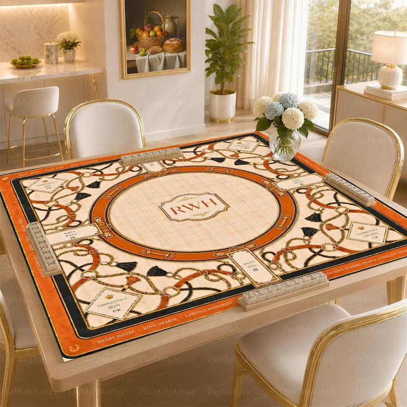 Luxe Equestrian Bridle Mahjong Mat, Orange Leather Monogram Club Game Mat, Horse Mahjong Mat