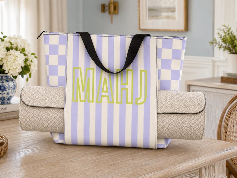 Mahjong Mat Carrying Bag with Built-In Rolled Mat Sleeve, Zippered Mah Jongg Tote, Game Night Organizer