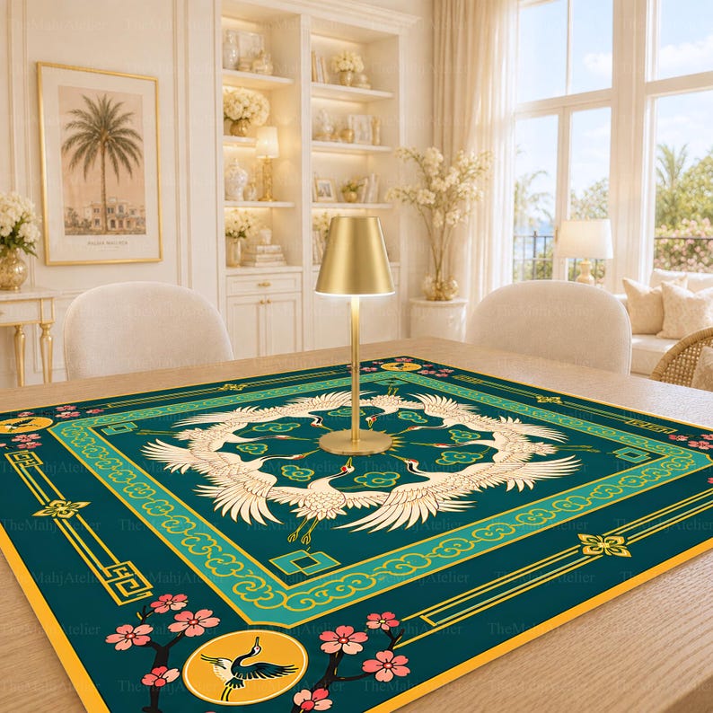 Crane Chinoiserie Mahjong Mat, Emerald Green American Mahjong Game Mat, Japanese Mahjong Mat