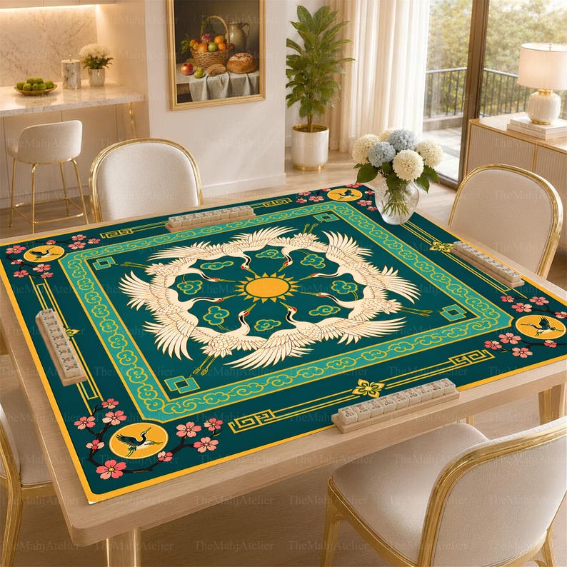 Crane Chinoiserie Mahjong Mat, Emerald Green American Mahjong Game Mat, Japanese Mahjong Mat
