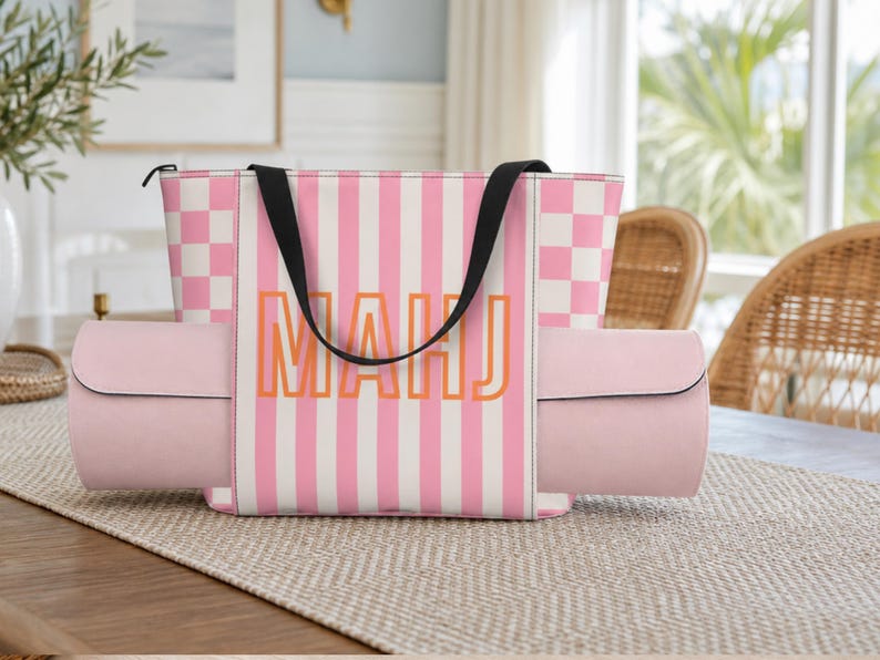 Mahjong Mat Carrying Bag, Mahjong Striped Tote with Zipper, Game Night Storage Bag, Travel Mah Jongg Organizer