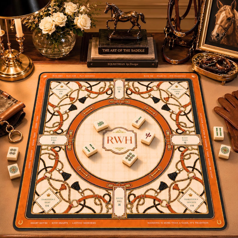 Luxe Equestrian Bridle Mahjong Mat, Orange Leather Monogram Club Game Mat, Horse Mahjong Mat