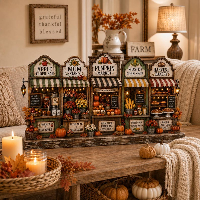 Fall Wooden Blocks Set, Autumn Market Tiered Tray Decor, Pumpkin Apple Cider Harvest Bakery Rustic Farmhouse Mini Shelf Mantel Signs