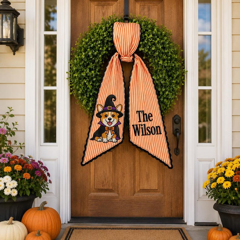 Custom Halloween Wreath Sash, Personalized Dog Witch Door Decor, Orange Stripe Ribbon