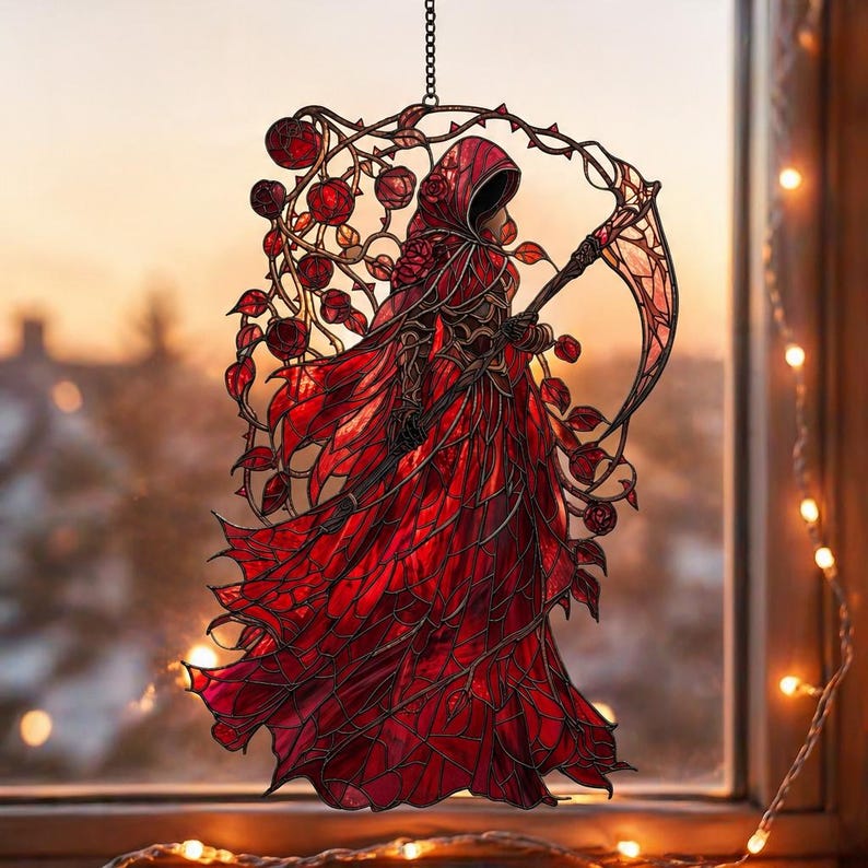 Red Rose Grim Reaper Acrylic Suncatcher, Gothic Faux Window Hanging