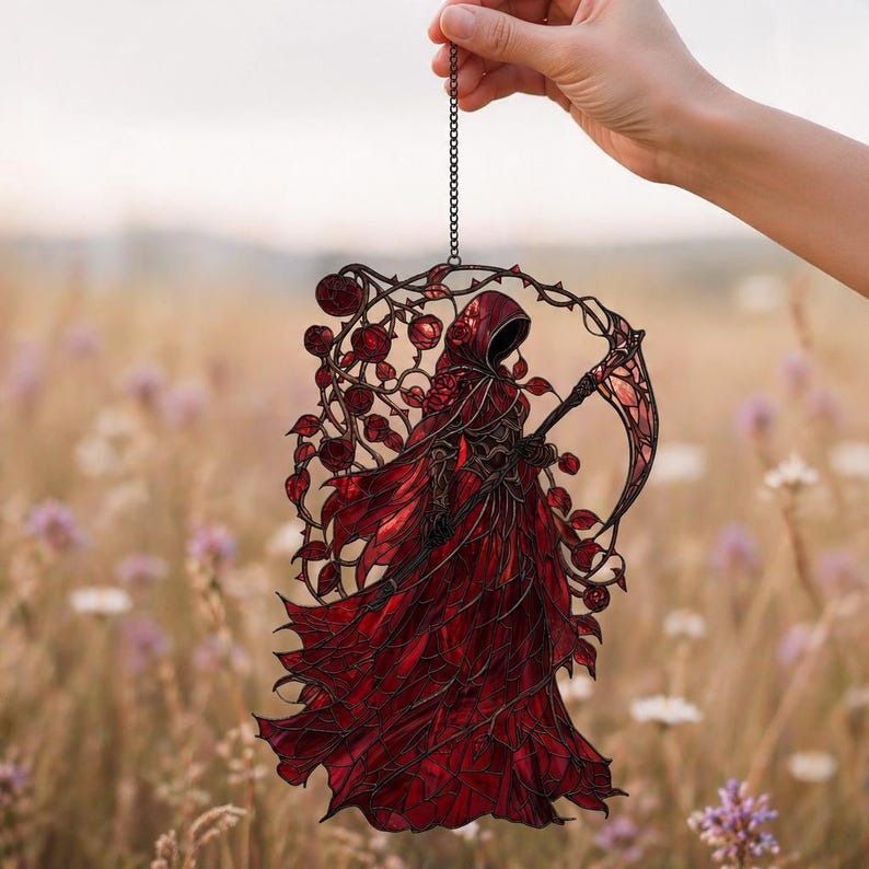 Red Rose Grim Reaper Acrylic Suncatcher, Gothic Faux Window Hanging