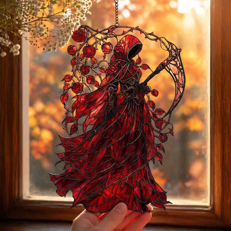 Red Rose Grim Reaper Acrylic Suncatcher, Gothic Faux Window Hanging