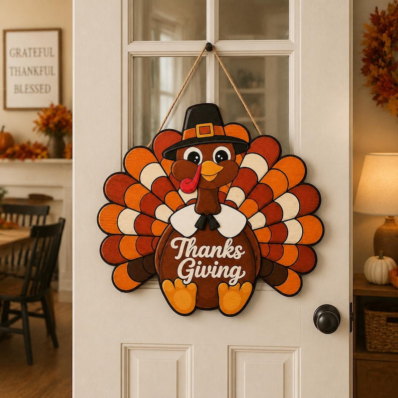 Wooden Thanksgiving Turkey Door Sign, Rustic Fall Harvest Decor