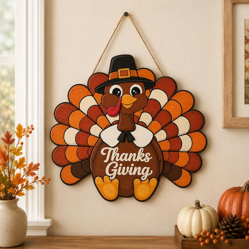 Wooden Thanksgiving Turkey Door Sign, Rustic Fall Harvest Decor