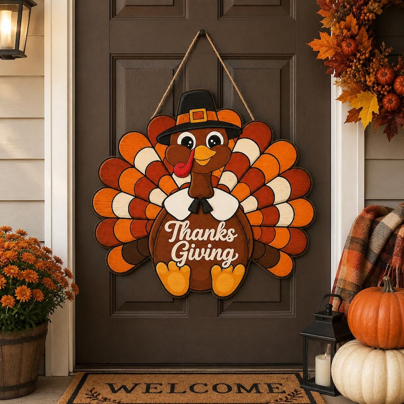 Wooden Thanksgiving Turkey Door Sign, Rustic Fall Harvest Decor