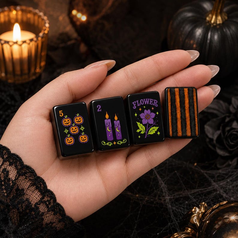 Spooky Pumpkin Candles Flower Mahjong Tile Set, Black Cat Halloween American Acrylic Tiles Portable, Hostess Gift